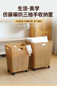 Large American Style Laundry Hamper with Wheels, Light Luxury, Wicker Look, Plastic, for Bathroom