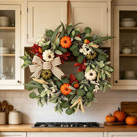 Artificial Pumpkin Wreath with Lamb's Ear Leaves for Fall Thanksgiving Christmas