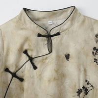 Floral Chinese Cheongsam Dress for Women with Three Quarter Sleeves, Flared Qipao in Textured Crepe for Summer Casual Wear