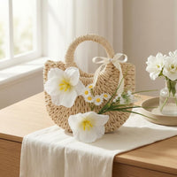 Woven Straw Handbag Floral Decoration Women's Accessory Structured