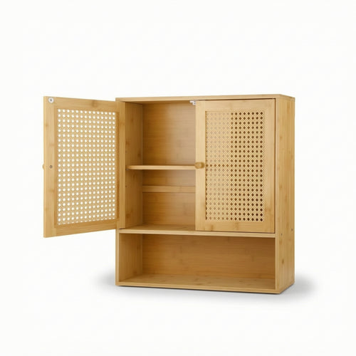 Bathroom Wall Cabinet Space-Saving Wooden Cabinet with Rattan Doors Decorative