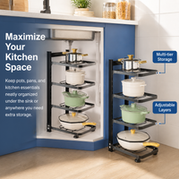 Freestanding Pan Organiser, Pots and Pans Organiser for Kitchen Cupboard, Adjustable Carbon Steel Pot Lid Holder, 23cm H x 25cm D