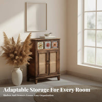 Rattan Door Console Modern Chinese Design Accent Cabinet with Woven-Panel Doors Vintage Aesthetic Multi-Functional for Entryway