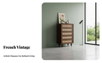 French design 5-Drawer Rattan chest of drawers Vintage Design Chest of Drawers Small Footprint Storage Furniture adaptable Use for Apartment Dwellers, Homeowners, Living Room, Entryway, Hallway, Bedroom