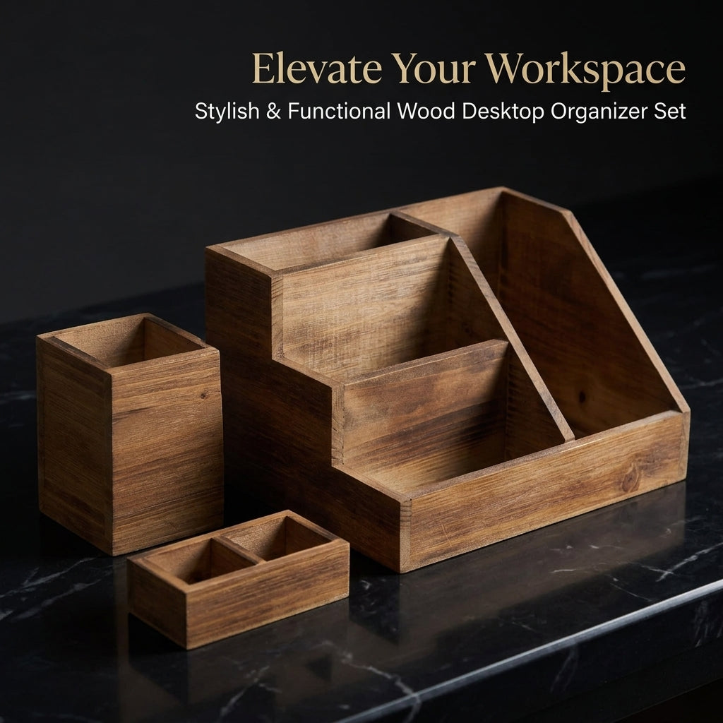 Office Organizer with Pen Holder, 3 Tier Desktop for Professionals, Solid Wood File Rack for Desk Storage Set