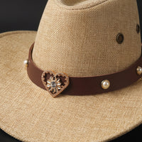 Wide Brim Western Hat with Heart Ornament Adjustable Cowboy Hat with Chin Cord Summer Woven for Girls, Kids, Toddlers, Dress-up, Costume Parties, Outdoor Play