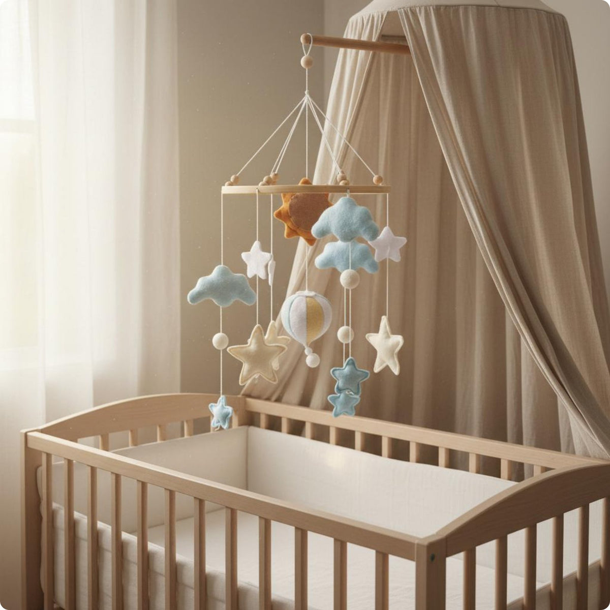 Felt Crib Mobile No Assembly Sun and Hot Air Balloon Mobile Gender-Neutral