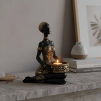 Black Woman Statue Storage Ornament Tabletop Display Tribal-Influenced Candle Holder Gilded Detail Ethnic Lady Ornament for Entryway