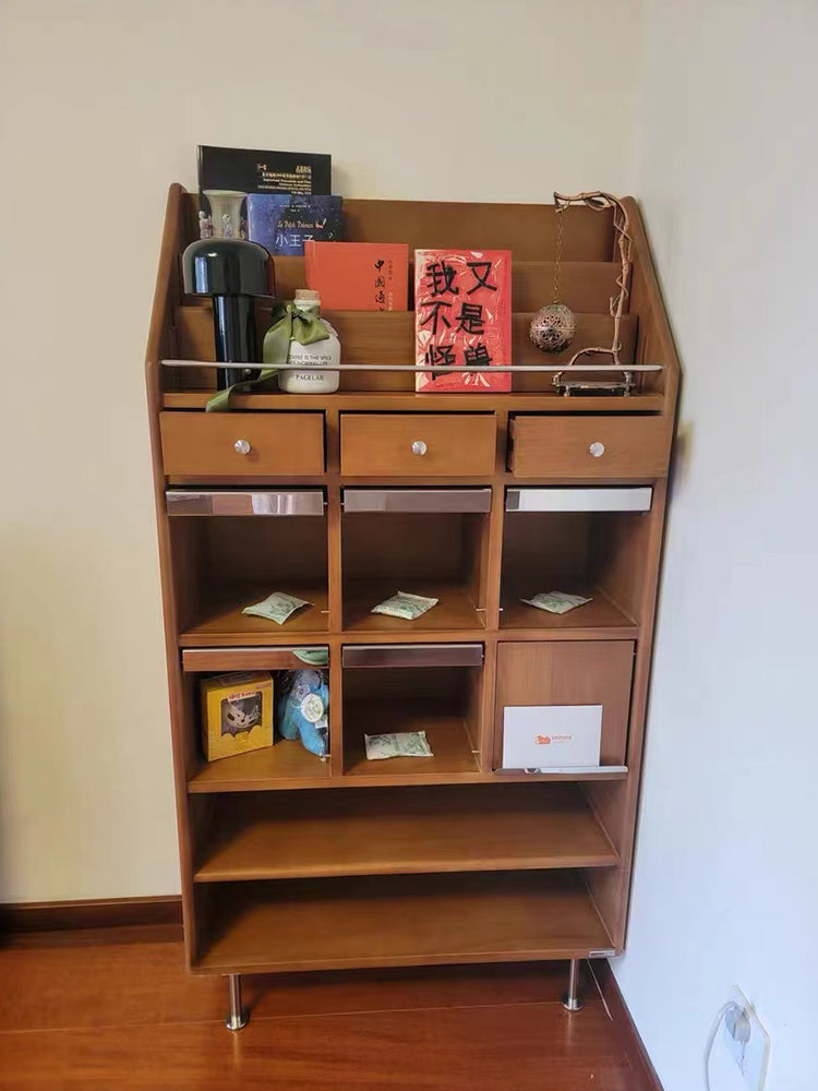 中古风可移动餐边柜开放式复古置物架书架小户型中古收纳柜储物柜 蜜糖色 多门