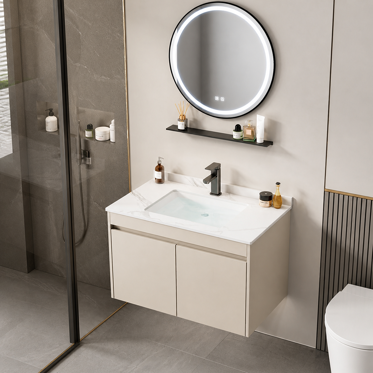 70cm Bathroom Vanity with Sink, Wall Mount Vanity with Integrated Basin, Cream Aluminum Alloy Carbon Fiber Door Bathroom Vanity Set