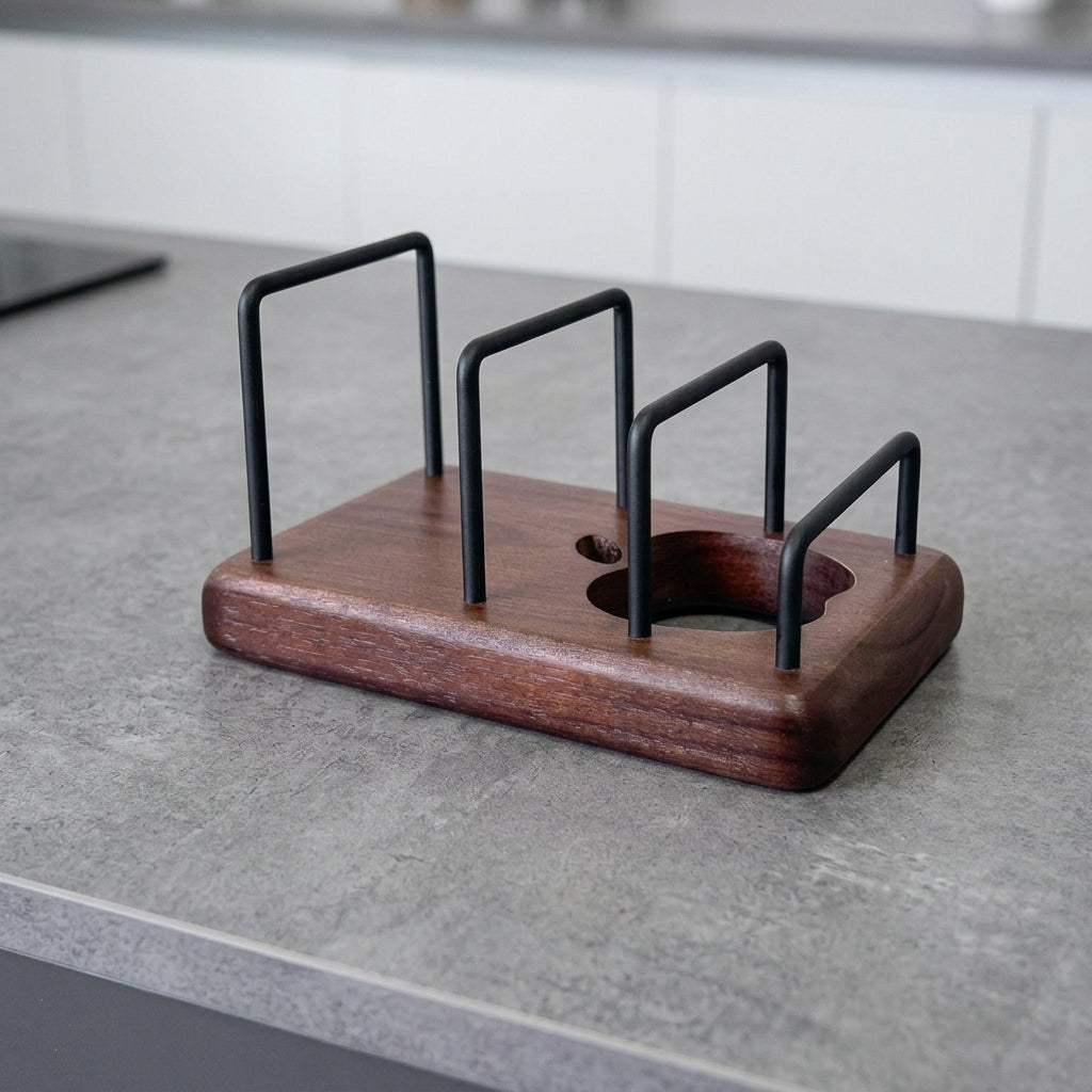 Wooden Cutting Board Stand Multi-functional Vintage Style Dark Brown Holds 3 Pieces With Draining Kitchen Storage