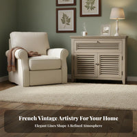 Louvered Door Console Distressed Finish Storage Cabinet French Country Design Handmade for Interior Decorators, Entryway