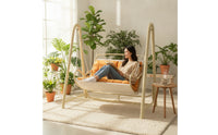Padded Double Swing Chair with Stand Indoor Freestanding Swing Seat Chair Outdoor Hanging Lounger with Frame Sturdy for Readers, Balcony, Garden, Living Room