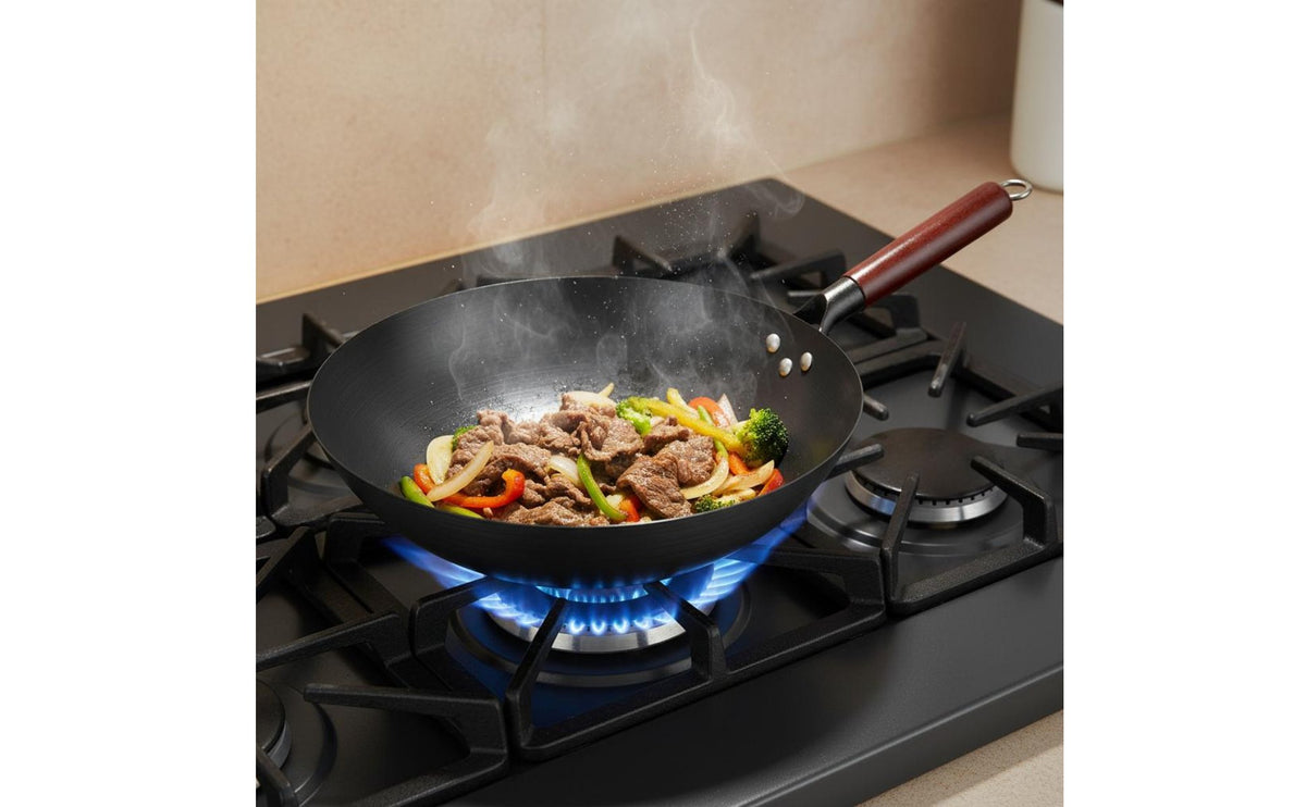 Nitrided Iron Pan Nitriding Treated Flat Bottom Wok Handmade Uncoated Iron Wok for Home Cooks, Gas Stoves