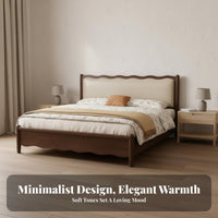 Solid Wood Double Bed Firm-Density Foam Padding Upholstered Wavy Headboard Bed Heavy-Duty Slats Bedroom Furniture for Couples