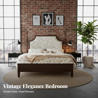 French design Upholstered Wooden Bed Vintage Design Upholstered Wood Bed Frame Sturdy Slat Support Bedroom Furniture No Box mattress support system Needed for partners, Homeowners, Renters, Guest Room, Apartment, Home