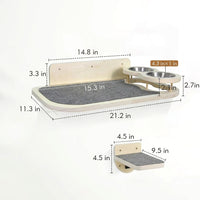Cat Hammock Wall Mounted Wood Shelf with Feeder, Minimalist Style Bed for Indoor Cats, Single Piece Climbing Sleeping Station for Large Pets
