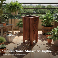 Carved Wooden Basket Handmade Square Umbrella Container Foldable Design