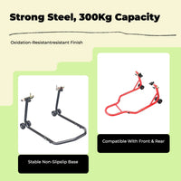 Steel stand lifts motorcycle wheels.