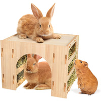 Pet Feeder, Wooden Villa for Rabbits and Hamsters, Easter Decoration, 3-in-1 Hay Craft