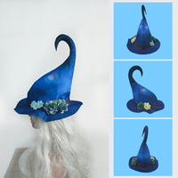Halloween Witch Hat with Cartoon Pattern, Polyester, Blue
