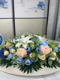 孔雀头酒店大圆餐桌转盘中间布置餐桌宴会花艺会议仿真花装饰摆件