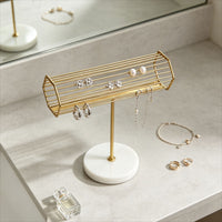 Gold Metal Jewelry Display Stand with Marble Base for Bracelets, Necklaces, Earrings