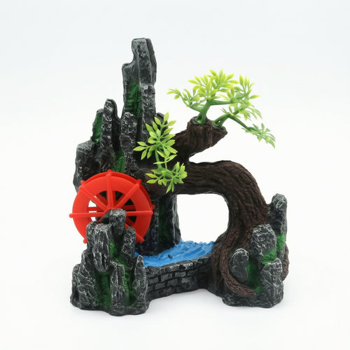 Aquarium Ornament with Waterwheel Realistic Rockery Compact for Aquatic Keepers