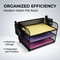 3 Tier Metal Mesh File Organizer with Pen Holder, Wire Desk Storage Rack for Office, Vertical Tray for Students Workspace