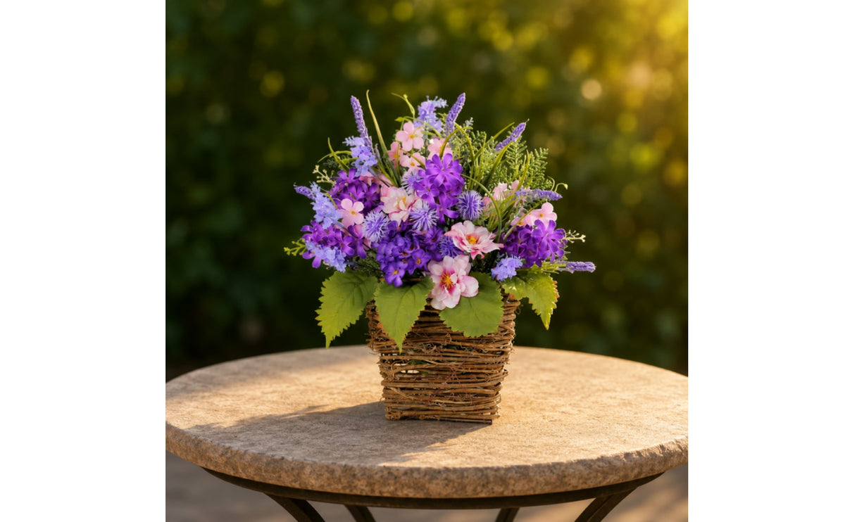 Violet Lavender Door Hanger Family Appreciation Day Gift Artificial Flower Hanging Basket Ready to Hang Artificial Hanging Flower Basket for Porch