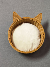四季通用猫窝猫篮子 圆形塑编猫耳朵筐 保暖垫子半封闭宠物篮