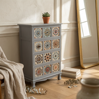 Wooden Storage Cabinet Geometric Vintage Cabinet Wooden Sideboard Tile-Like Sturdy Legs Decorative