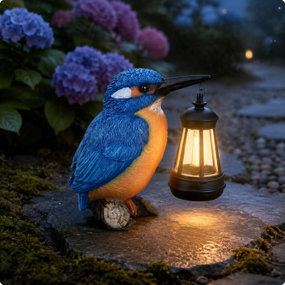 Solar Kingfisher Lantern Wood-Stump Base Bird Garden Ornament Decorative