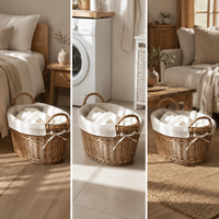 Hand-Woven Wicker Laundry Basket Vintage Rattan Storage Hamper for Dirty Clothes