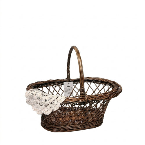 Oval-Shaped Woven Wicker Basket with Handles Handwoven Basket with Lace for Farmers Market