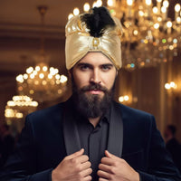 Gold Costume Headpiece Padded Turban with Feather Cushioned Hat for Photo Shoots