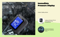 Motorcycle Tire Pressure tracking System, cordless TPMS, live LCD display, waterproof, temperature alarm, compatible with multiple design S of S designs.