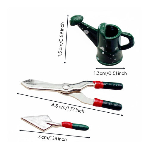 Metal Miniature Garden Tools Set, 1:12 Scale Dolls House Accessories, 3 Pcs Watering Can, Pruning Shears, Trowel for Creative Play & Micro Landscape