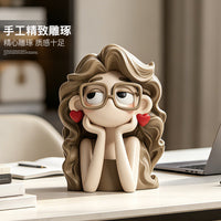 Glasses Girl Decorative Figurine for Desk, Nightstand, Office