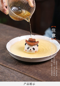 宜兴紫砂茶宠大熊猫摆件功夫茶道配件茶玩茶具戴帽子盖托茶盘批发