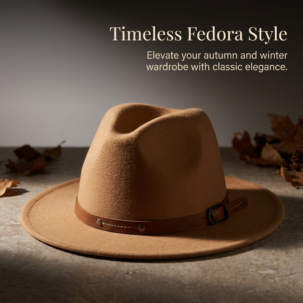 Fedora Hat for Men and Women with Wide Brim for Sun Protection, Felt Trilby with Flat Crown for Vintage Jazz Style, Autumn Wear Accessory
