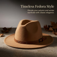 Fedora Hat for Men and Women with Wide Brim for Sun Protection, Felt Trilby with Flat Crown for Vintage Jazz Style, Autumn Wear Accessory