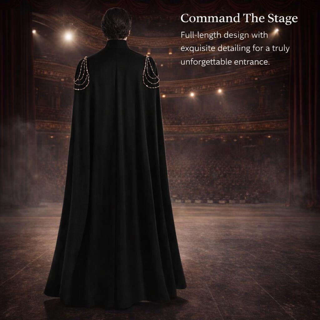 Fantasy Theatrical Cloak Men, Fancy Dress Hooded Cape, Costume Cloak Chain Embellished, Medieval Cloak for Theatrical Productions
