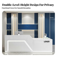 1 Piece White Reception Desk High-gloss Split-level Front Desk Sturdy Particleboard Construction Lockable Drawer Suitable for Salon Receptionists Boutique Retail Store Office Spa