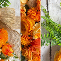 Artificial Easter Carrot Wreath, Orange Floral Door Hanging Decoration with Rustic Hessian Bow, Spring Teardrop Swag for Front Door, Porch and Wall Decor