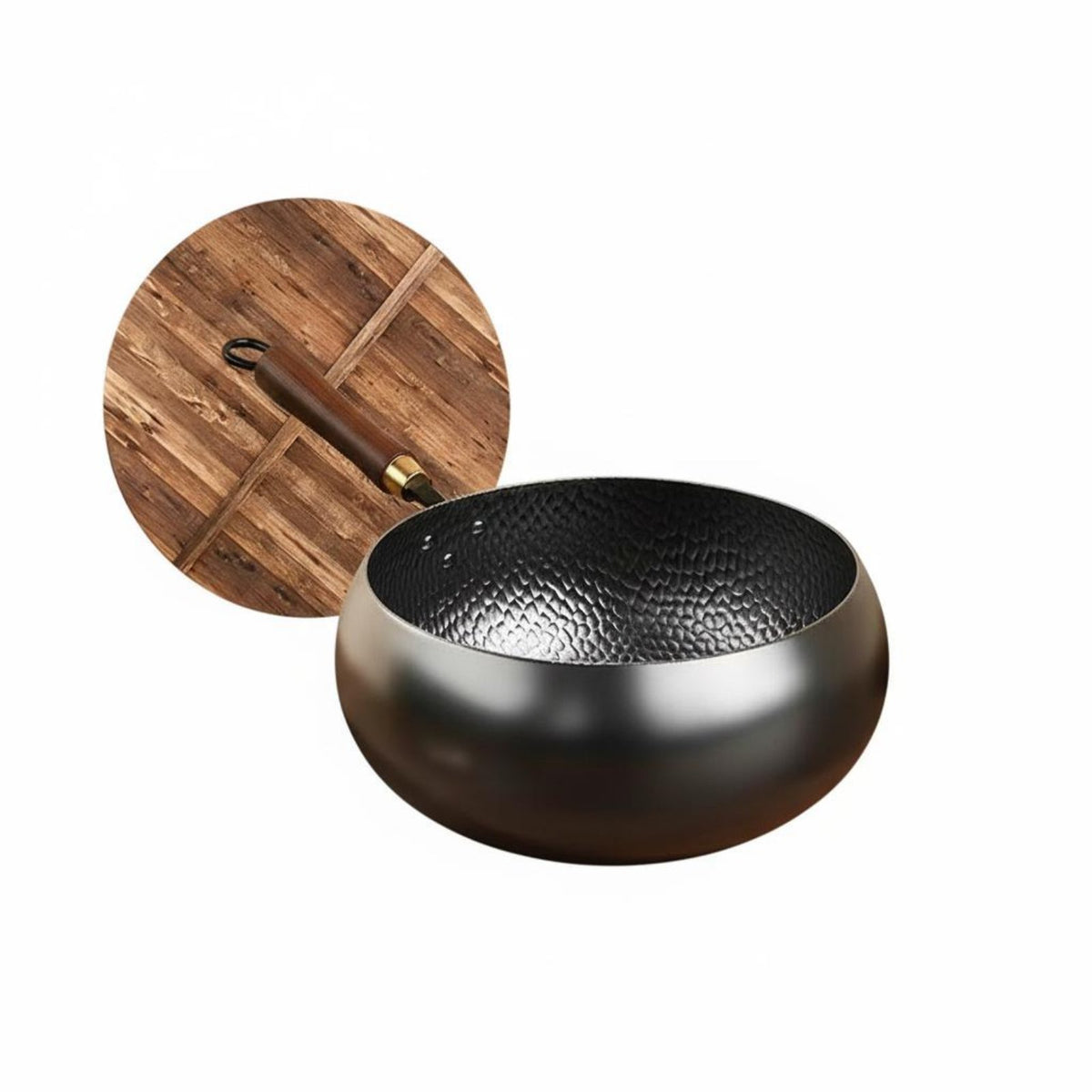 Hand Hammered Wok Non Coating Traditional Chinese Wok Uncoated Iron Pan Fast Heating Cookware Wooden Handle