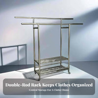 Double Rod Rolling Rack Adjustable Length Rolling Double-Rod Clothing Organizer With Wheels Foldable for Renters