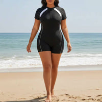Single Piece Sun Protection Top Stretchy Material Zip Front Bathing Suit Contrast Panels Single-Piece Aquatic Romper Built-In