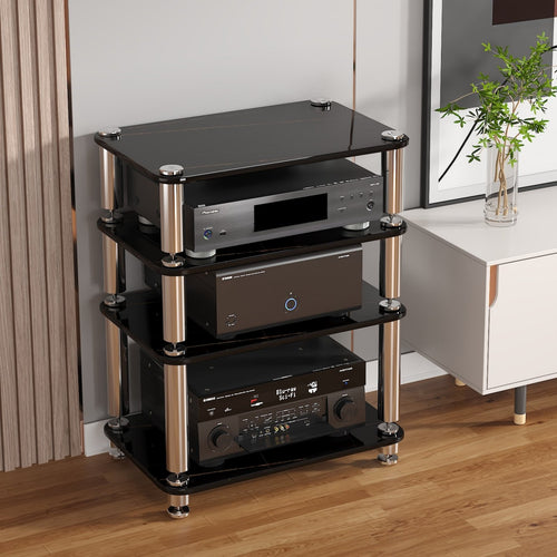 High-Fidelity Amplifier Stand Stainless Steel Columns Annealed Glass Stereo Cabinet High Load Capacity Shock-Absorbing Component Rack for Audiophiles