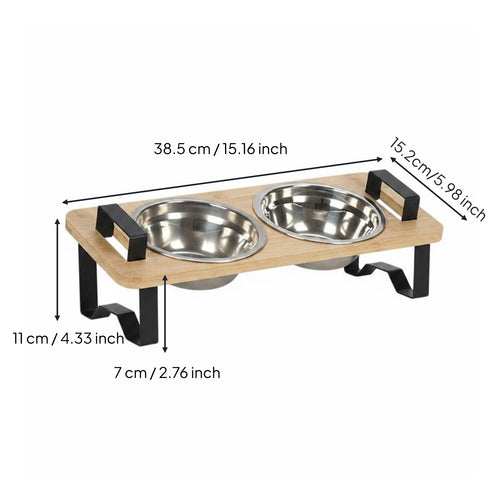 Bamboo Cat Feeder Tilted Angle Cat Food and Water Bowl Set Easy to Clean